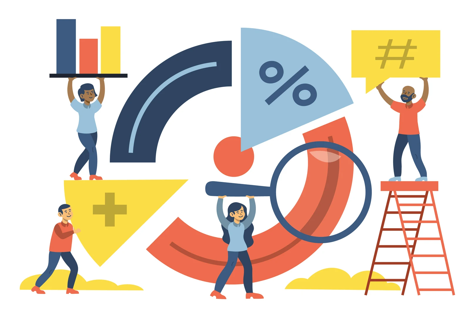 A flat illustration of people building charts, percentages and a magnifying glass, representing Australian salary data.